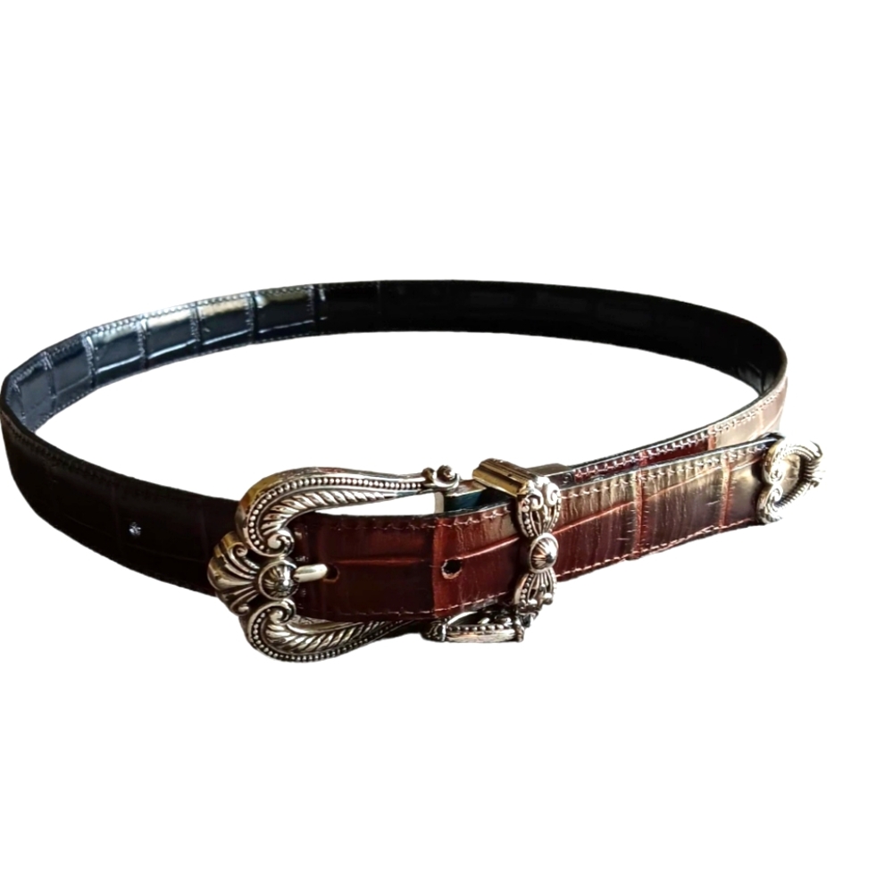 Black/brown Brighton leather reversible heart croc embossed belt sz ML 32